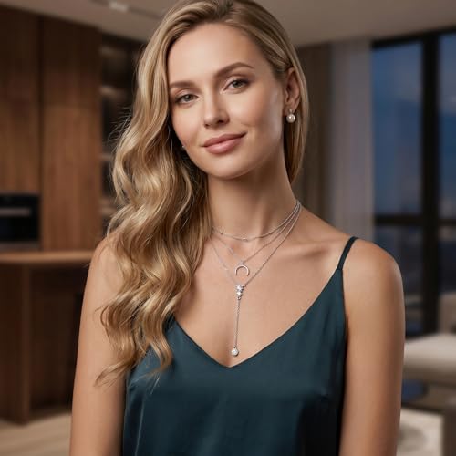 MONGAS Boho Layered Necklace Sterling Silver Triple 3 Stacked Vertical Bar Triangle Long Layering Necklaces Christmas Jewelry Gifts for Women - style: Moon