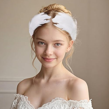 White Feather Headpiece and Swan Headpiece, Elegant Faux Plume Ballet Costume Accessories for Women, Pearl Decorative Feather Hair Clip Set for Wedding Prom, 2 Pcs