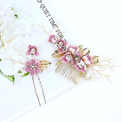 Cinaci 18 Pieces Bridal Wedding Party Prom Pearl Rhinestone Purple Flower Hair Side Combs Slides+U-shaped Flower Hair Pins+Twist Spiral Hairpins Floral Headpieces for Brides Bridesmaids Women Girls - color: Purple