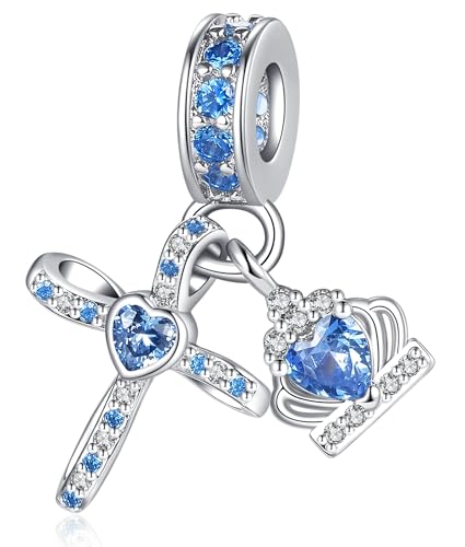 Silver Cross Birthstones Charm Fit for Pandora Charms Bracelet Crown Dangle Charms Beads Birthday Jewelry Gifts for Women - style: December