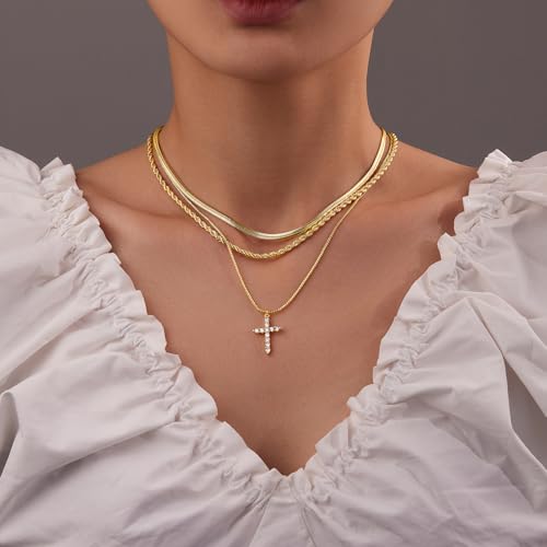 Poxtex Cross Necklace for Women Teen Girls, Dainty 14K Gold Silver Plated Cross Choker Jewelry Non Tarnish Waterproof Cute Simple Small Necklace Christian Baptism Religious Faith Jewelry Gifts - color: 09 Layered cross necklace-gold