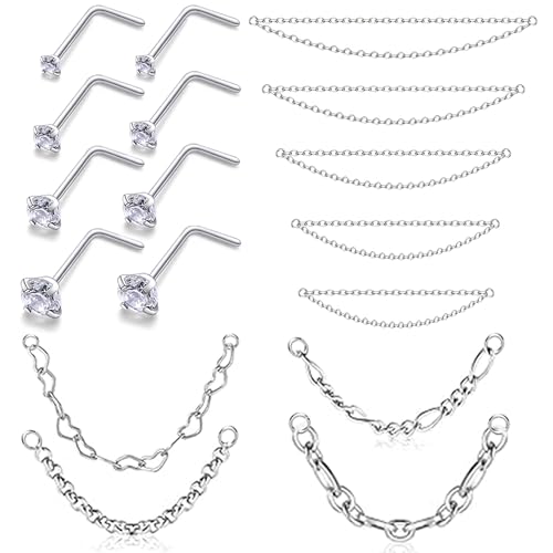20/18G Nose Rings Chain Across Nose Piercings for Women Men Surgical Steel Double Chains Corkscrew l Shaped Bar - size: L Shape, 18g(1.0mm)