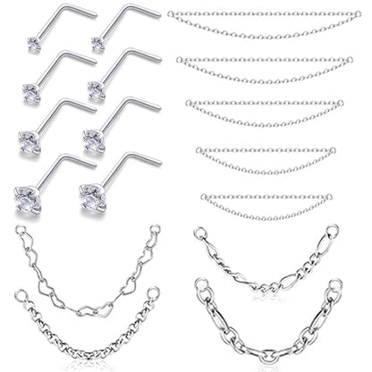 20/18G Nose Rings Chain Across Nose Piercings for Women Men Surgical Steel Double Chains Corkscrew l Shaped Bar - size: L Shape, 20g(0.8mm)