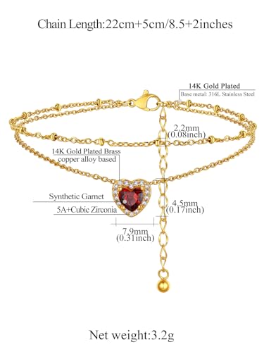 FindChic Bling Heart Birthstone Anklets Layered Beaded Ankle Bracelets for Women Gold/Black/Silver 12 Month Gem Colors Foot Chain Summer Jewelry for Girls, with Gift Box - color: Gold, style: 01. Jan.-Created Garnet