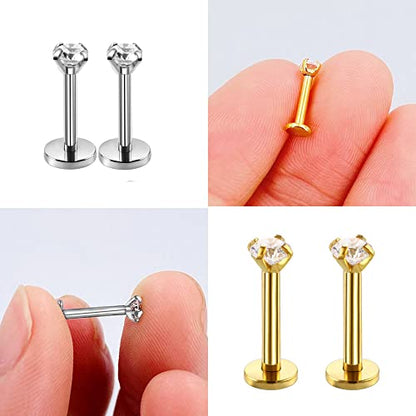 16g CZ Labret Cartilage Tragus Monroe Lip Nose Helix Diamond Studs Earrings for Women Men Stainless Steel Cubic Zirconia Piercing Jewelry 2mm 3mm 4mm 5mm 4 Pairs Set - style: silver