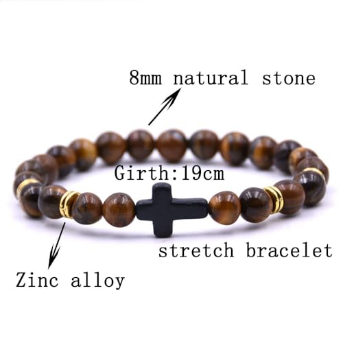 Beaded Bracelets Cross Bracelet for Women Men Lava Rock Turquoise Tiger Eye Natural Bracelet Anxiety Healing - color: 6 Pcs- black cross 1