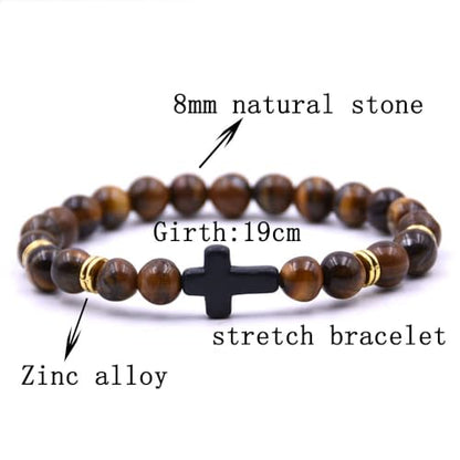 Beaded Bracelets Cross Bracelet for Women Men Lava Rock Turquoise Tiger Eye Natural Bracelet Anxiety Healing - color: 6 Pcs- black cross 1