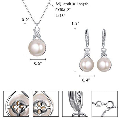 EleQueen 925 Sterling Silver CZ Freshwater Cultured Pearls Bridal Pendant Necklace Earrings Wedding Jewelry Sets, Valentine's Day/Mother's Day/Christmas Gift - style: Pearl Necklace Leverback Earrings