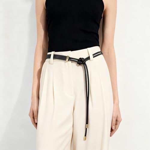 Women's Knotted Thin Waist Belt PU Leather Skinny Belts for Dresses Pants - color: Black