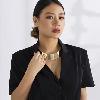 Chunky Gold Necklace Big Statement Chunky Necklace for Women African Tribe Wide Metal Choker Necklaces Jewelry - color: 01 Gold