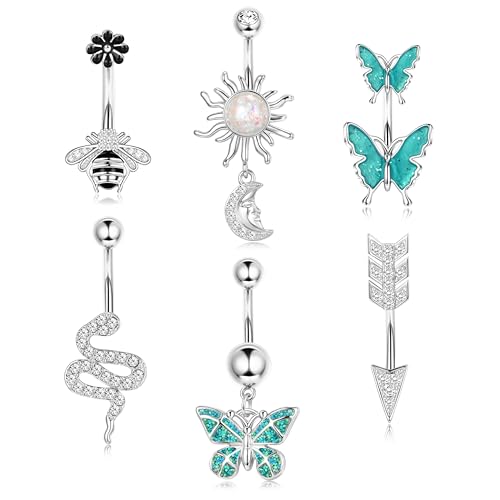 Dochais Belly Buton Rings Surgical Stainless Steel Belly Button Ring for Women Dangle Belly Button Rings Butterfly Cubic Zirconia Navel Barbell Body Piercing - color: Silver