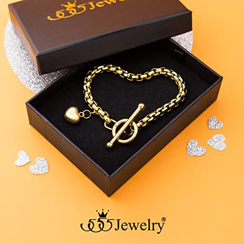 555Jewelry Stainless Steel Toggle Box Link Chain Heart Charm Bracelet for Women & Girls - color: Gold