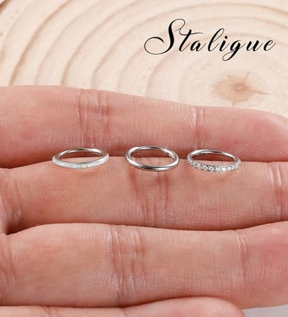 3pcs Nose Rings Hoops - 316L Surgical Steel Hinged Nose Hoops 16G/18G/20G CZ Clicker Septum Nose Ring Lip Helix Cartilage Hoop Earring Daith Rook Conch Body Piercing Jewelry for Women Men 8mm 10mm - color: Silver, size: 20 gauge(0.8mm)-8mm