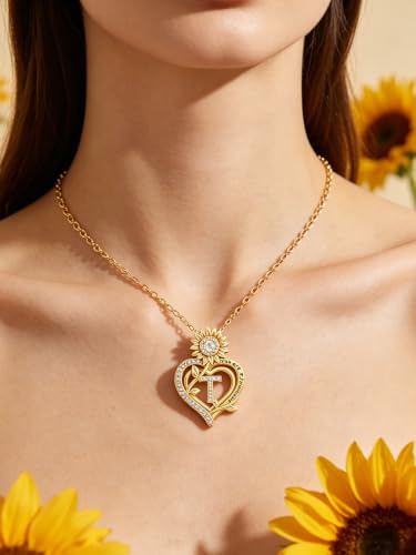 14K Gold Sunflower Initial Necklaces for Women | Heart Letter Pendant You Are My Sunshine Jewelry Gifts - style: T