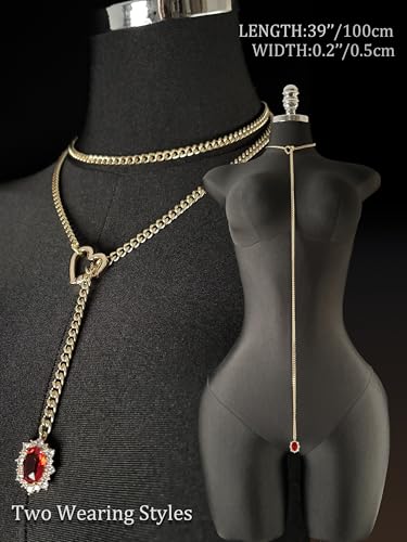 Women's Heart O-Ring Slip Chain Necklace, Double Layered Adjustable 39'' Cuban Chain with Detachable Heart Clasp and Colorful Rhinestone Pendant - color: 39'' Gold-Royal Red