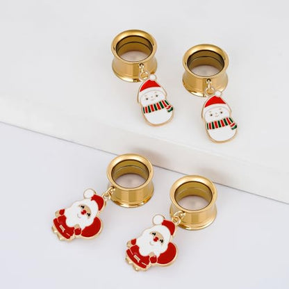 ERKUOO 4PCS Christmas Ear Tunnels Set Stainless Steel Double Flare Gold Tone Plug Gauges with Santa Snowman Reindeer Candy Cane Dangle Charms Holiday Stretching Jewelry Gift for Women Men 6mm-25mm - color: Snowman & Santa Set, size: 20mm