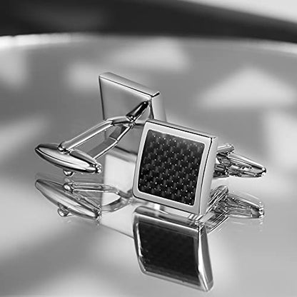 Mens Cufflinks and Tuxedo Studs Set in Gift Box (Carbon Fiber), Jewelry or Accessories in Gold Silver Black Tone, Matching with Shirts Vest and Bow tie, Suitable for Birthday Wedding Anniversary - color: Black / Silver Tone