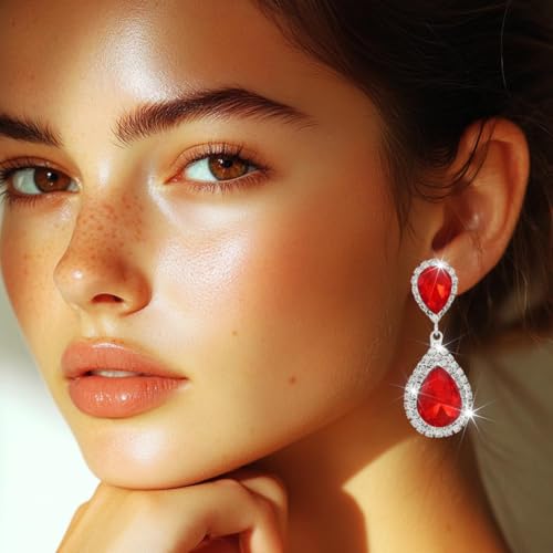 Catery Crystal Wedding Earrings Silver Rhinestone Ear Rings Teardrop Bridal Ear Jewelry for Brides and Women - color: Red