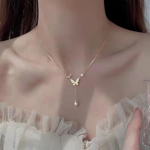 Bohemian Butterfly Pendant Necklace Teardrop Pearl Y Necklace Chain Vintage Pearl Y Lariat Necklace Pearl Y Drop Chain Necklace Gold Butterfly Sweater Chain Necklace Jewelry for Women and Te
