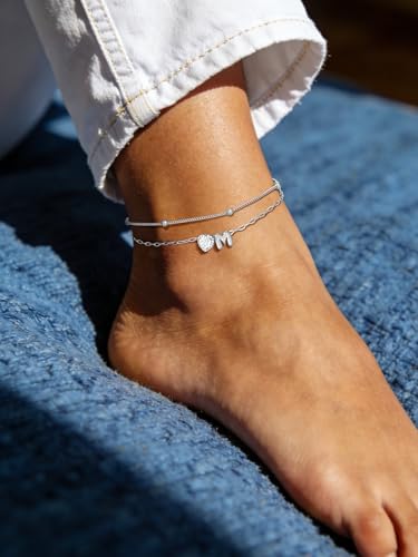 Bestyle Initial Anklet Bracelets for Women Waterproof Non Tarnish 14K Gold/White Gold Plated CZ Anklets for Women Dainty Layered Letter Heart Ankle Bracelets Adjustable Foot Chain Anklet - color: W