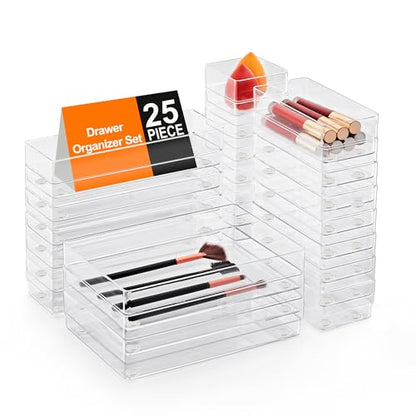 SMARTAKE 25 PCS Drawer Organizer, 4-Size Desk Drawer Organizer Trays | Storage Tray with Non-Slip Silicone Pads for Makeup, Jewelries, Utensils in Bedroom Dresser, Office and Kitchen (Clear) - style: 25 PCS