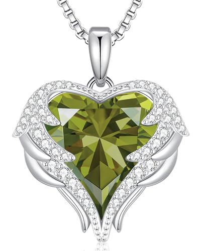 CDE Angel Wings Heart Birthstone Pendant Necklace Gift for Women | Silver/Gold Tone,Ideal Birthday & Anniversary Jewelry Gift for Wife,Girlfriend,Her - color: White-08-Aug-Peridot Green Birthstone