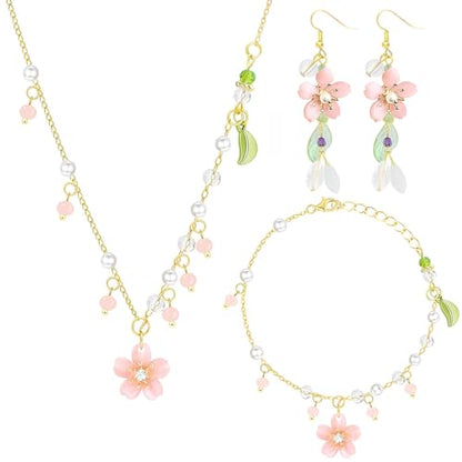 NEWITIN 4 Pieces Flower Jewelry Set for Women Fashion Costume Jewels Pink Flower Dangle Earrings Necklace Floral Beads Bracelet Gold Jewelry Set for Women - color: Pink Flower Jewelry Set