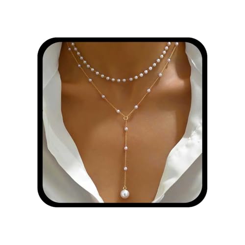 Boho Pearl Y Lariat Necklace Gold Pearl Y Necklace Layered Pearl Choker Necklace Wedding Pearl Pendant Necklace Long Pearl Drop Necklace Jewelry for Women