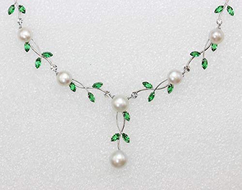 Faship Genuine Freshwater Pearls Floral Necklace Earrings Set | Premium CZ Crystal, Gorgeous, Sparkling - color: Green