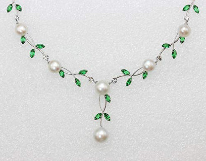 Faship Genuine Freshwater Pearls Floral Necklace Earrings Set | Premium CZ Crystal, Gorgeous, Sparkling - color: Green