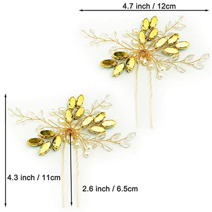 Bridal Emerald Green Crystal Gold Hair Pins Accessories for Prom, Pack of 2 | Fancy Wedding Pearl Green Rhinestone Flower Hair Pieces for Women and Girls