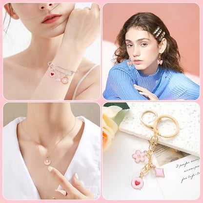 MARFOREVER 120 Pcs Pink Charms for Jewelry Making | Assorted Gold Enamel Pink Pendants, Mixed Theme Flowers Heart Fruit Moon Star Dangle Charms, Bracelet Necklace Earrings Craft