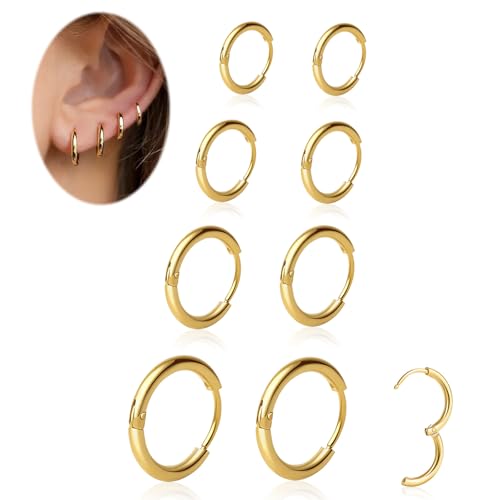 4 Pairs Gold Hoop Earrings Set for Women, 14k Gold Plated Cartilage Hoop Earring Hypoallergenic Non Tarnish Small Hoop Earrings for 2nd 3rd Hole Huggie Hoop Earrings for Women Men Gifts (Gold-2.0mm) - color: Gold, size: 6/8/10/12mm (Thickness: 2.0MM)