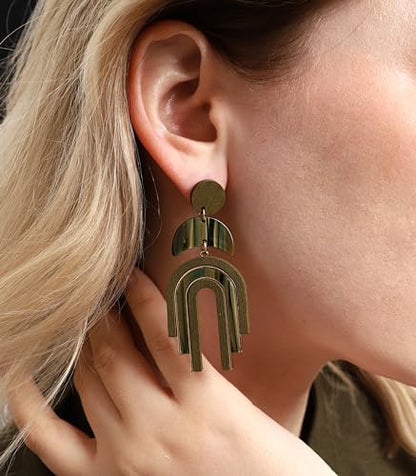 Ozel - Natural Wooden Acrylic Boho Drop Dangle Earrings for Women - Geometric Statement Jewellery - Brown, Black, Magent Red, Olive Green, White beige - color: Arch_Olive