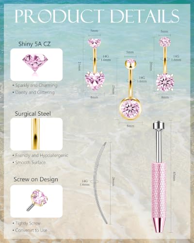 ONESING 14G Belly Button Rings Hypoallergenic Surgical Stainless Steel Belly Rings for Women Round Heart Teardrop Cubic Zirconia 12MM Navel Piercing Jewelry Barbell Studs with Tools - color: Gold B-Pink CZ-14G