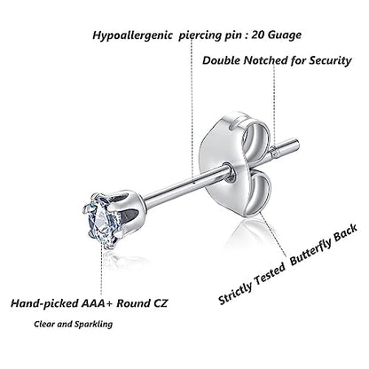 FOSIR 10 Pairs Tiny Womens Surgical Stainless Steel Clear Cubic Zirconia Stud Earrings, Hypoallergenic 316L Earrings Set - style: 2/3/4mm-9 pair