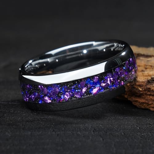 4mm 6mm 8mm Tungsten Rings With Various Inlay Materials Couples Matching Engagement Wedding Promise Matching Ring Set for Women Men - color: Silve Amethyst 4mm