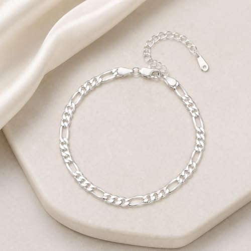 Silver Tone Figaro Anklet for Women, Adjustable Chain Ankle Bracelet, Chunky Link Foot Jewelry, Minimalist Layering Anklet for Summer Outfits, Beach, Vacation, Daily Wear