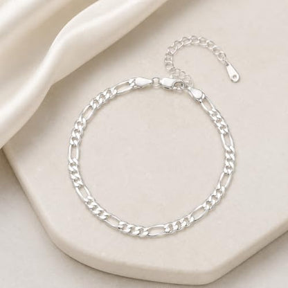 Silver Tone Figaro Anklet for Women, Adjustable Chain Ankle Bracelet, Chunky Link Foot Jewelry, Minimalist Layering Anklet for Summer Outfits, Beach, Vacation, Daily Wear