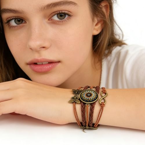 Adjustable Yoga Mandala Bracelet – Women’s Handmade Boho Braided Faux Leather Jewelry with Butterfly Charm
