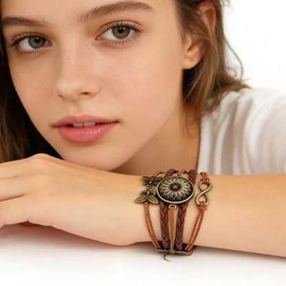Adjustable Yoga Mandala Bracelet – Women’s Handmade Boho Braided Faux Leather Jewelry with Butterfly Charm
