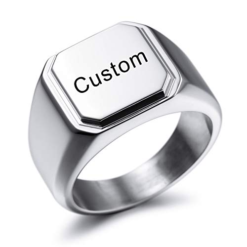 MeMeDIY Personalized Engraved Initial Monogram Signet Ring for Men Women Customize Stainless Steel Wedding Letter Rings Jewelry Bundle with Ring Size Adjusters - color: A4: Silver - Words