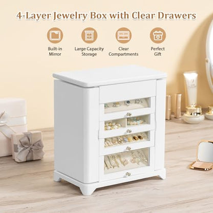Large Jewelry Box & Organizer for Women, Wooden Jewelry Storage with 4 Transparent Drawers, Holds Necklaces, Rings, Bracelets, Earrings and Watches(White) - color: White