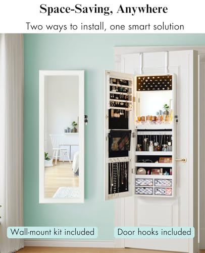 LUXFURNI Wall & Door‑Mounted Storage Jewelry Armoire Cabinet with Mirror | Built‑in LED Mirror, Acrylic Lipstick Tray, 4 Clear Drawers, Large Velvet‑Lined Storage, Full Length Mirror Lockable - style: Square Shaped White