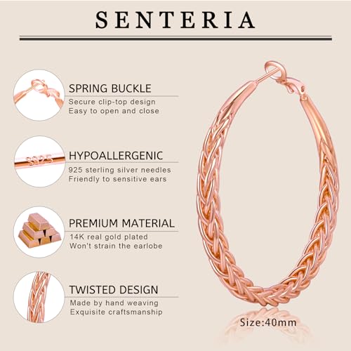 Senteria 925 Sterling Silver Post Twisted Hoop Earrings for Women 30-50MM | Hypoallergenic Large Silver Hoop Earrings for Women,Lightweight Thick Weave Braid Hoops,Nickel Lead-Free for Sensitive Ears - color: 30mm rose gold