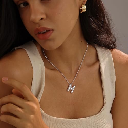 Ewrkbrㅤ Initial Necklaces for Women, 14k Gold Plated Bubble Letter Necklace Chunky Gold Necklace Dainty Charm Initial Necklaces for Women Trendy Custom Preppy Stocking Stuff Necklace Christmas Gifts - color: Silver, style: M
