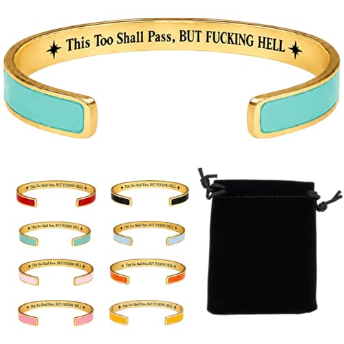 This Too Shall Pass Mantra Cuff Bracelet, BUT FUCKING HELL Engarved Hidden Message Code Motivational Bangle Inspirational Jewelry Encouragement Gifts for Women - color: Green Gold
