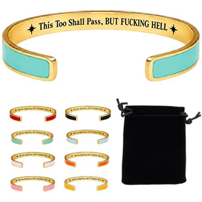 This Too Shall Pass Mantra Cuff Bracelet, BUT FUCKING HELL Engarved Hidden Message Code Motivational Bangle Inspirational Jewelry Encouragement Gifts for Women - color: Green Gold