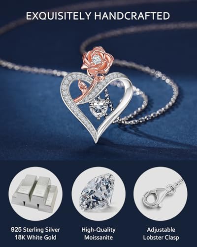 EleShow Moissanite Necklace for Women, Sterling Silver Rose Heart Pendant Necklace, Romantic & Ideal Jewelry Gift for Her on Birthday, Anniversary, Mothers Day