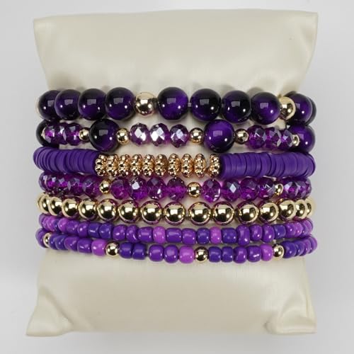 7Pcs Bohemia Multilayer Stackable Crystal Beaded Bracelet Set Multicolor Surfer Heishi Clay Gold Beaded Friendship Stretch Bracelets for Women Men Summer Beach Boho Vacation Jewelry Gifts - color: Purple